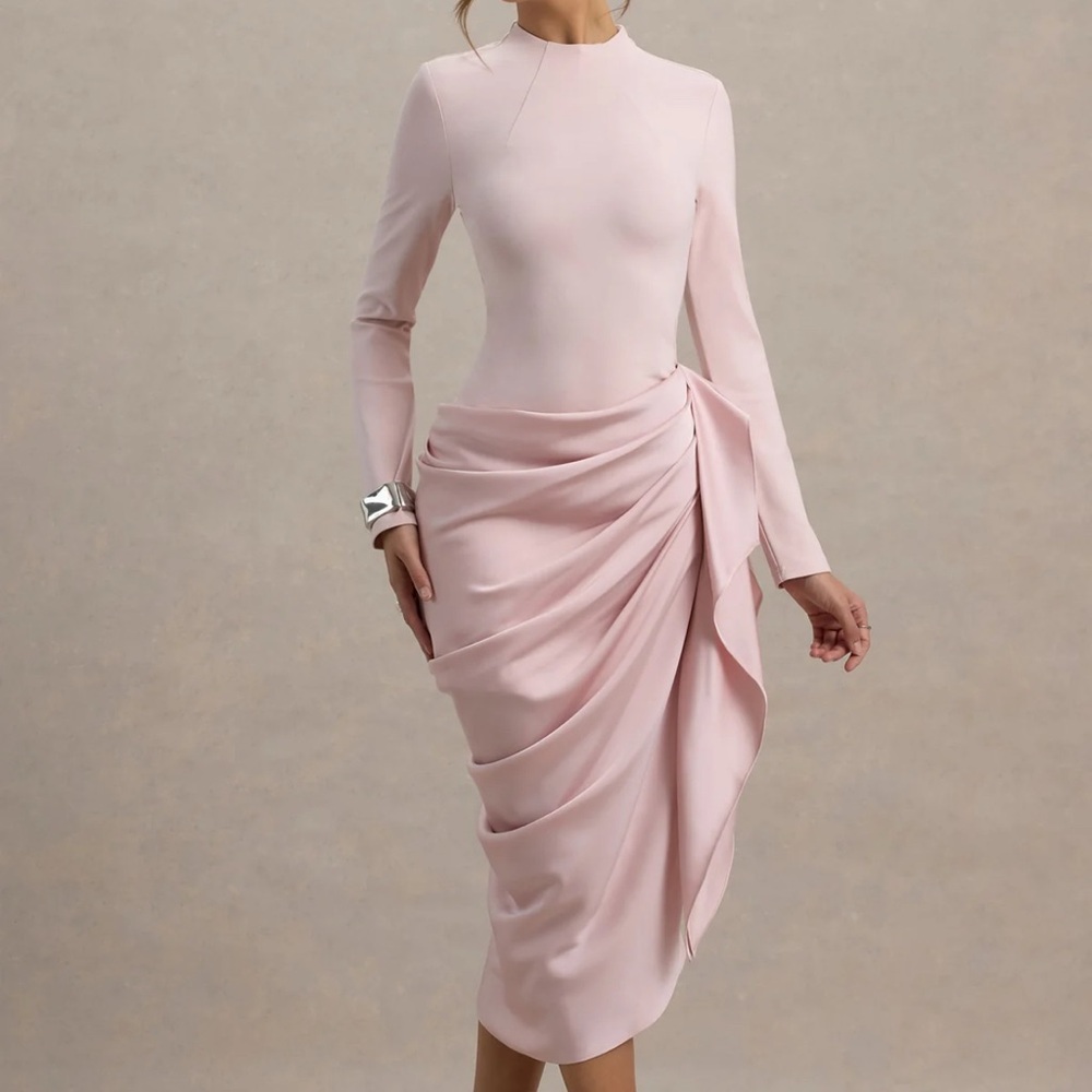 Club L London RAFFIE PINK LONG-SLEEVE MIDI DRESS WITH SATIN WRAP SKIRT